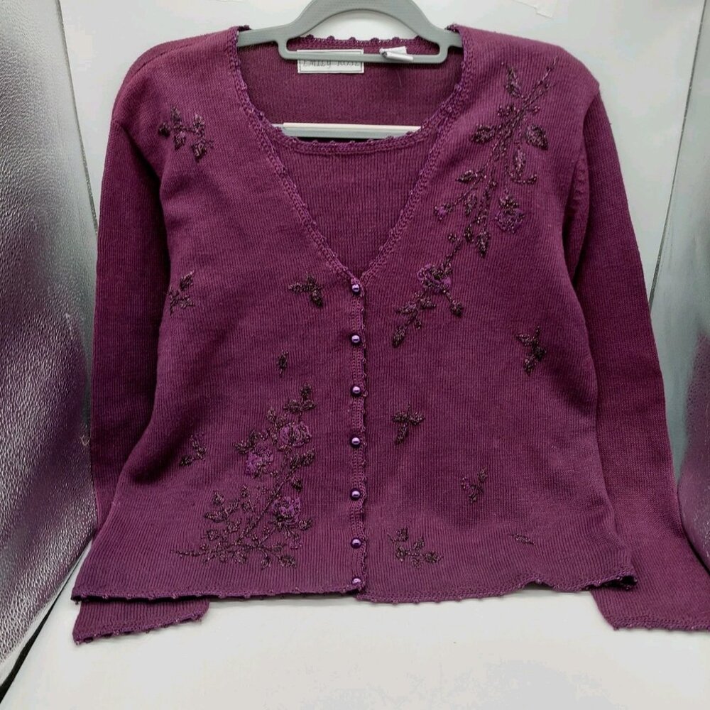 Emily Rose Sweater Size Small Floral Knit Beaded Purple Womens Faux Tank